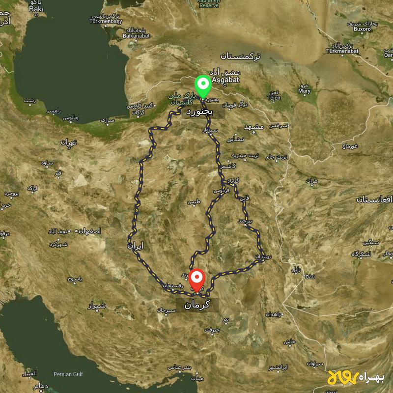 مسافت و فاصله کرمان تا بجنورد از ۳ مسیر - مرداد ۱۴۰۳