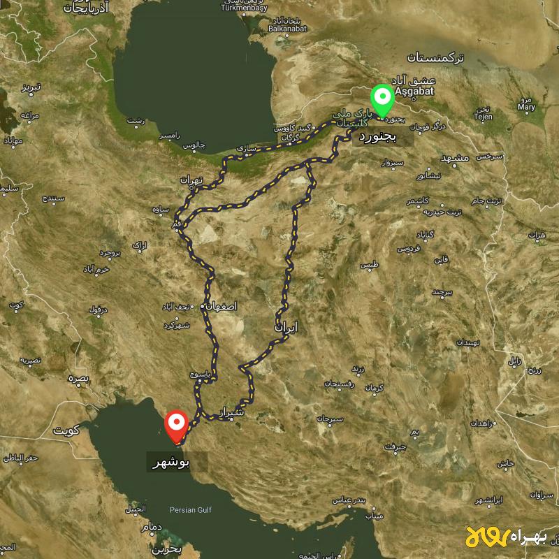 مسافت و فاصله بوشهر تا بجنورد از ۳ مسیر - مرداد ۱۴۰۳