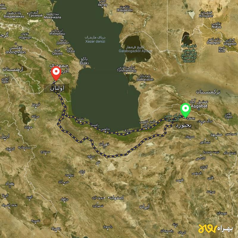 مسافت و فاصله اولتان - اردبیل تا بجنورد از ۲ مسیر - مهر ۱۴۰۳