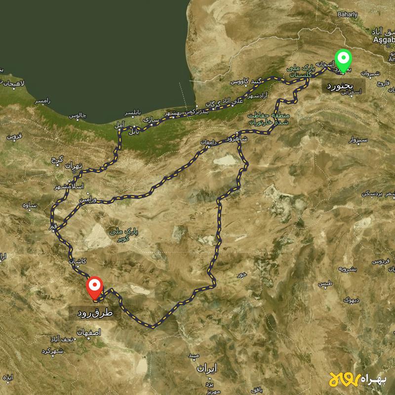 مسافت و فاصله طرق‌رود - اصفهان تا بجنورد از ۳ مسیر - بهمن ۱۴۰۳