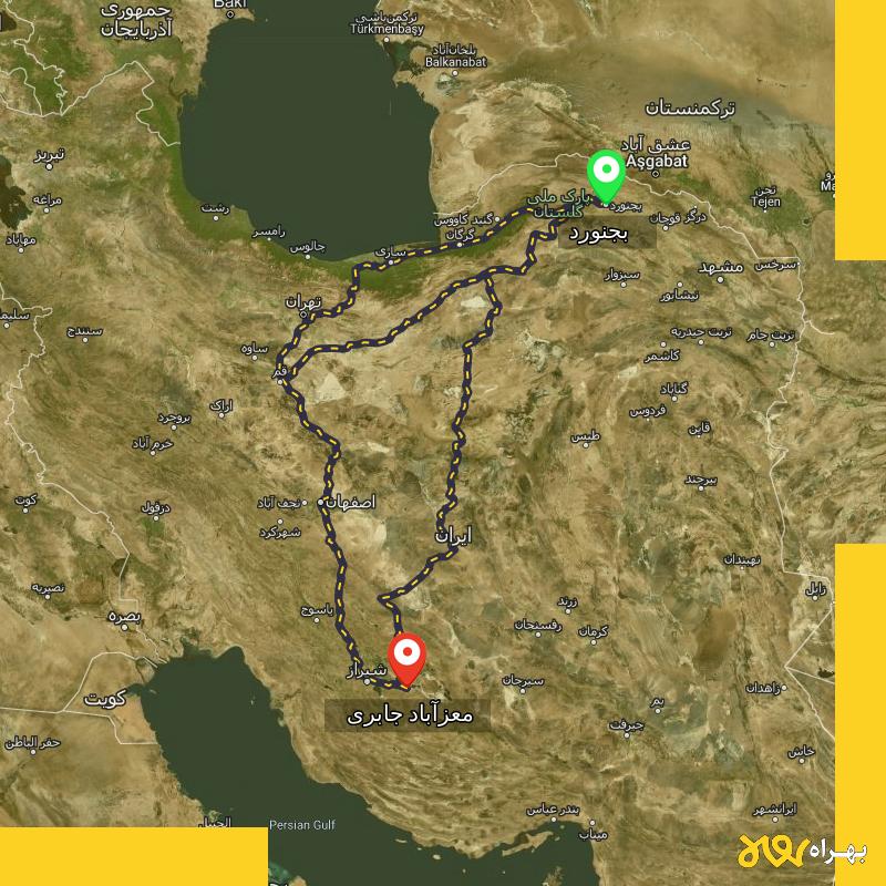 مسافت و فاصله معزآباد جابری - فارس تا بجنورد از ۳ مسیر - اسفند ۱۴۰۳