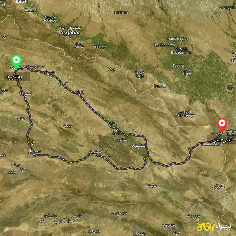 مسافت و فاصله سرخس - خراسان رضوی تا بجنورد از ۲ مسیر - اردیبهشت ۱۴۰۳