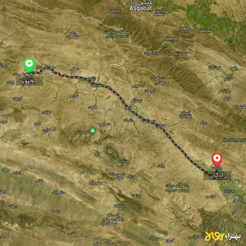 مسافت و فاصله رادکان - خراسان رضوی تا بجنورد - دی ۱۴۰۳