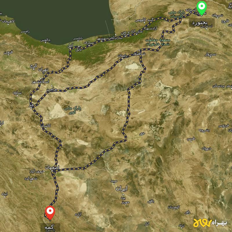 مسافت و فاصله کمه - اصفهان تا بجنورد از ۳ مسیر - شهریور ۱۴۰۳