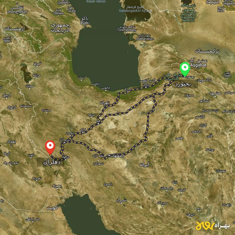 مسافت و فاصله دهلران - ایلام تا بجنورد از ۳ مسیر - آذر ۱۴۰۳