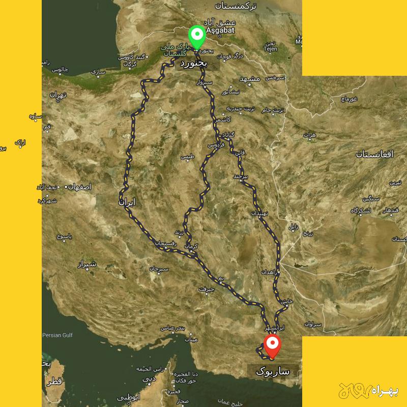 مسافت و فاصله ساربوک - سیستان و بلوچستان تا بجنورد از ۳ مسیر - شهریور ۱۴۰۳