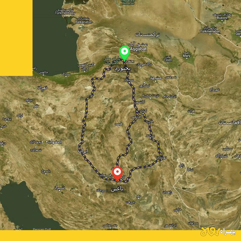 مسافت و فاصله باغین - کرمان تا بجنورد از ۳ مسیر - آذر ۱۴۰۳