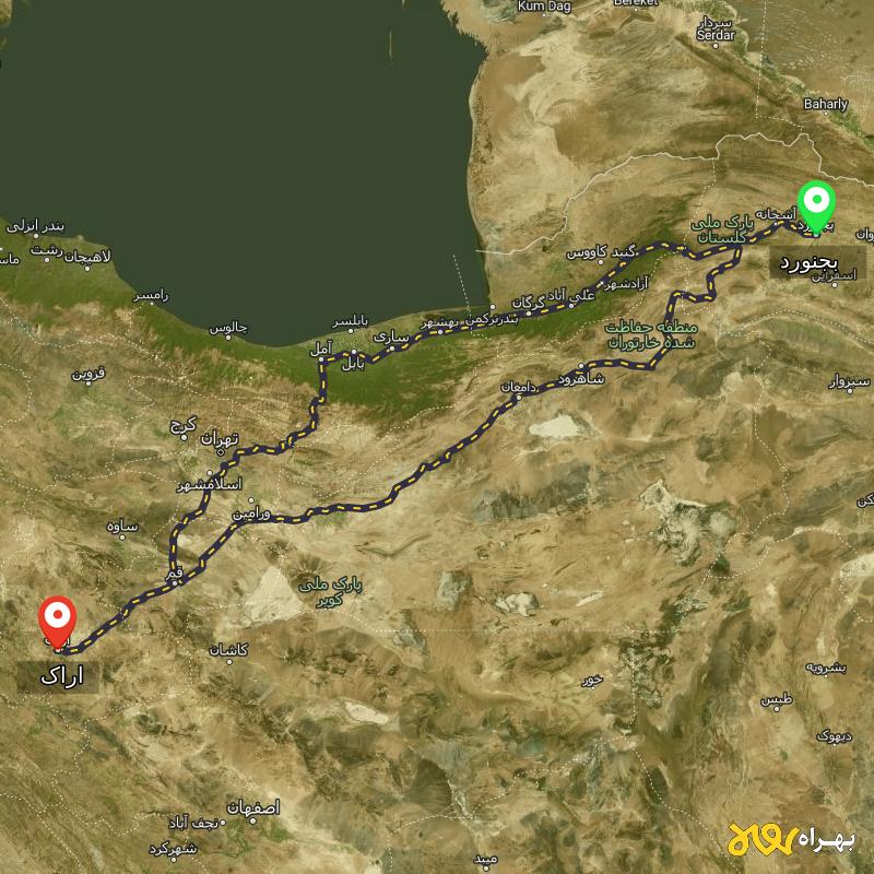 مسافت و فاصله اراک تا بجنورد از ۲ مسیر - مرداد ۱۴۰۳