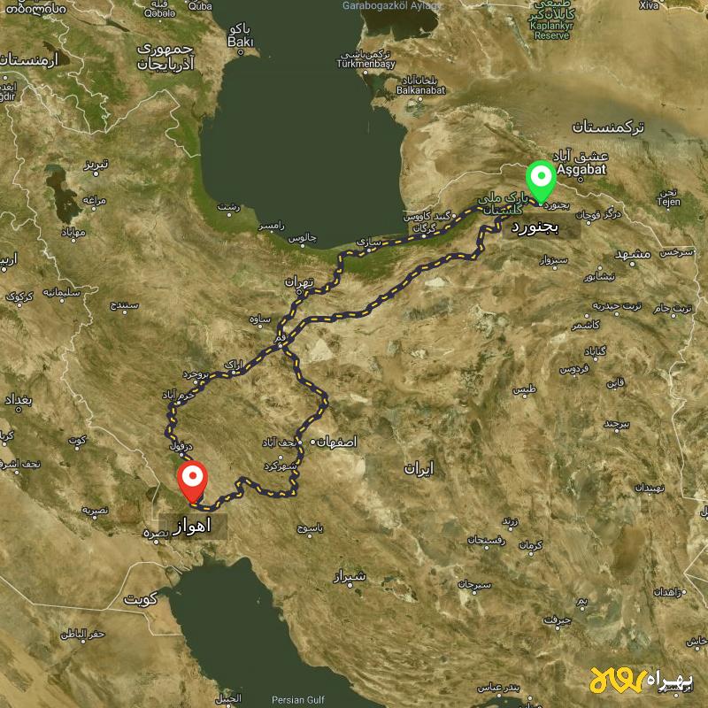 مسافت و فاصله اهواز تا بجنورد از ۳ مسیر - مهر ۱۴۰۳