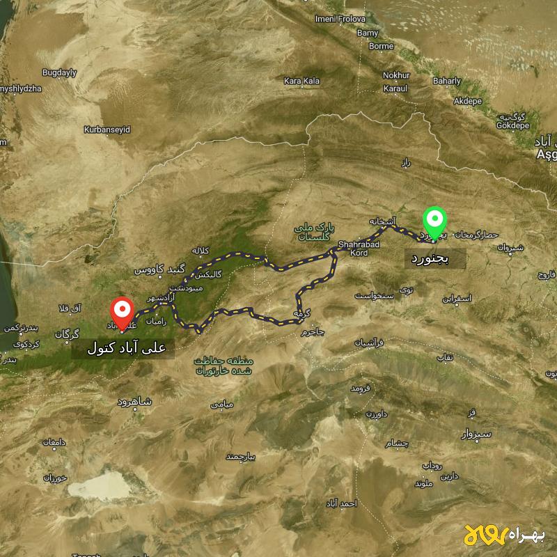 مسافت و فاصله علی آباد کتول - گلستان تا بجنورد از ۲ مسیر - مرداد ۱۴۰۳