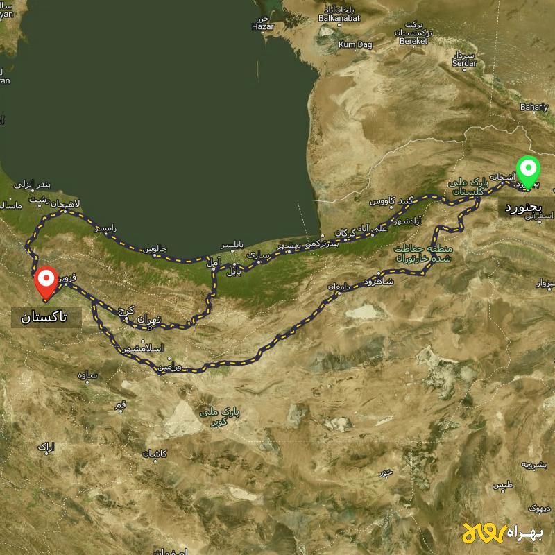 مسافت و فاصله تاکستان - قزوین تا بجنورد از ۳ مسیر - مرداد ۱۴۰۳