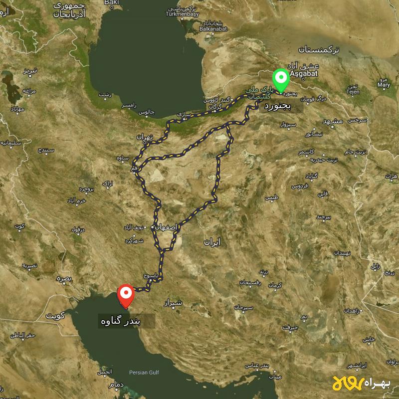 مسافت و فاصله بندر گناوه - بوشهر تا بجنورد از ۳ مسیر - آذر ۱۴۰۳