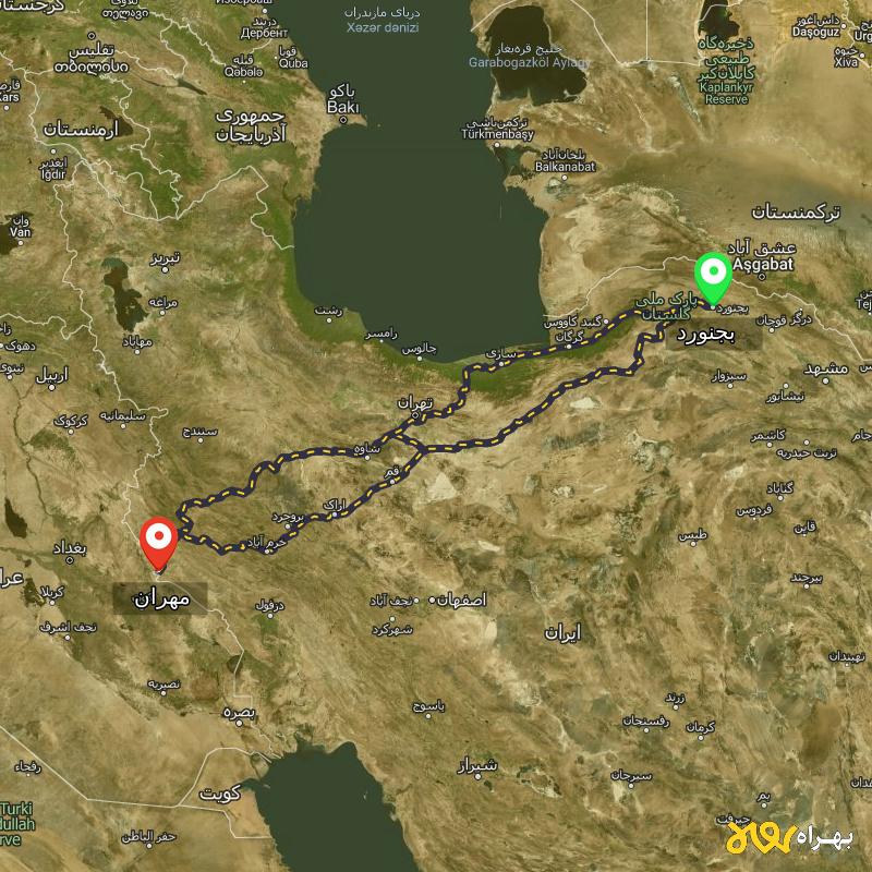 مسافت و فاصله مهران - ایلام تا بجنورد از ۳ مسیر - آذر ۱۴۰۳