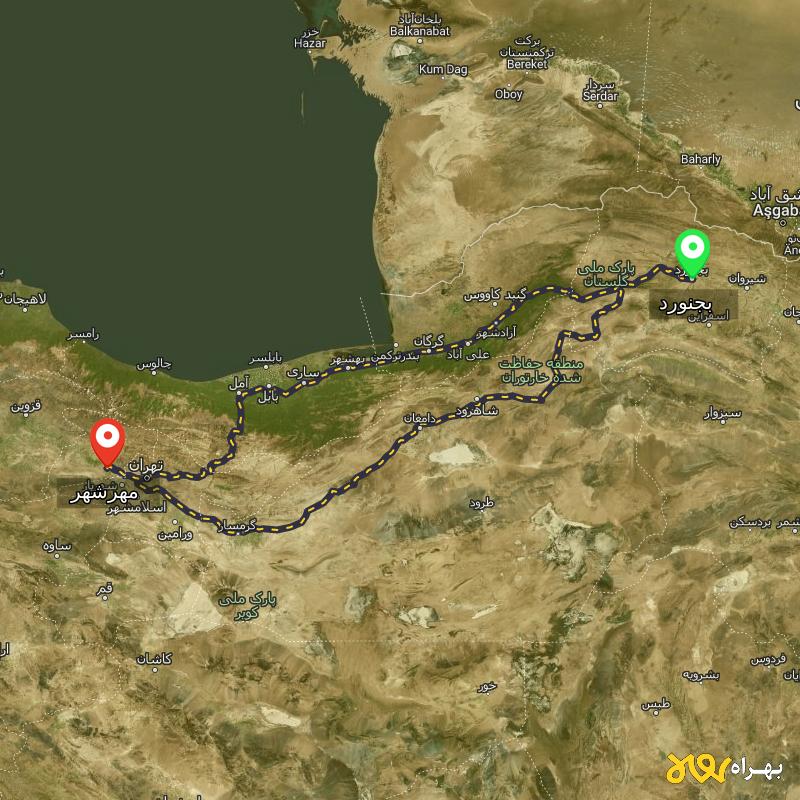 مسافت و فاصله مهرشهر - کرج تا بجنورد از ۲ مسیر - اردیبهشت ۱۴۰۳