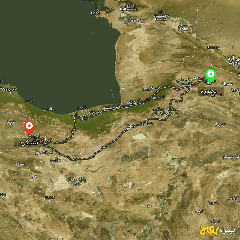 مسافت و فاصله هشتگرد تا بجنورد از ۲ مسیر - مهر ۱۴۰۳