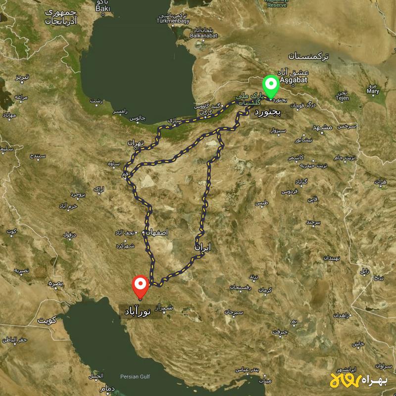 مسافت و فاصله نورآباد - نورآباد ممسنی تا بجنورد از ۳ مسیر - آذر ۱۴۰۳