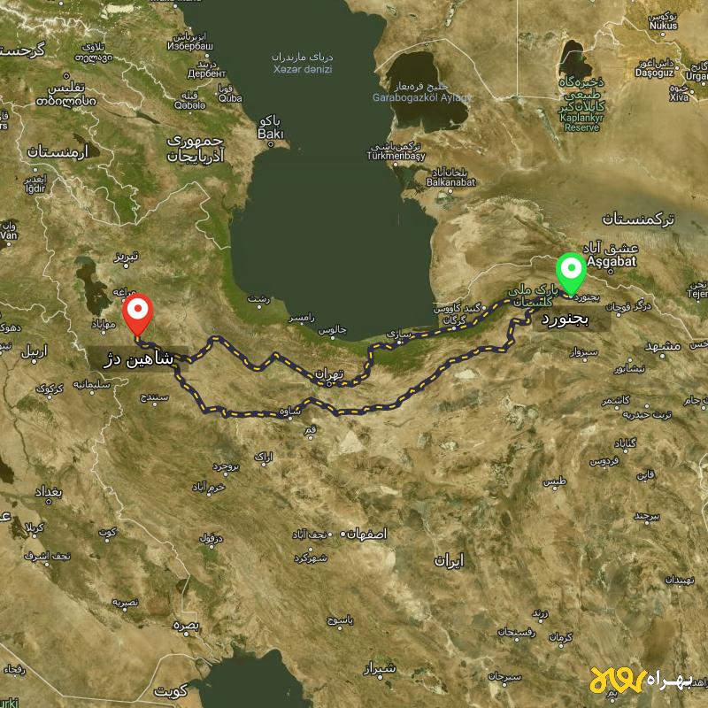 مسافت و فاصله شاهین دژ - آذربایجان غربی تا بجنورد از ۲ مسیر - دی ۱۴۰۳
