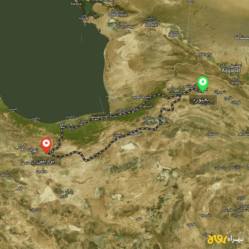 مسافت و فاصله پردیس - تهران تا بجنورد از ۲ مسیر - مهر ۱۴۰۳