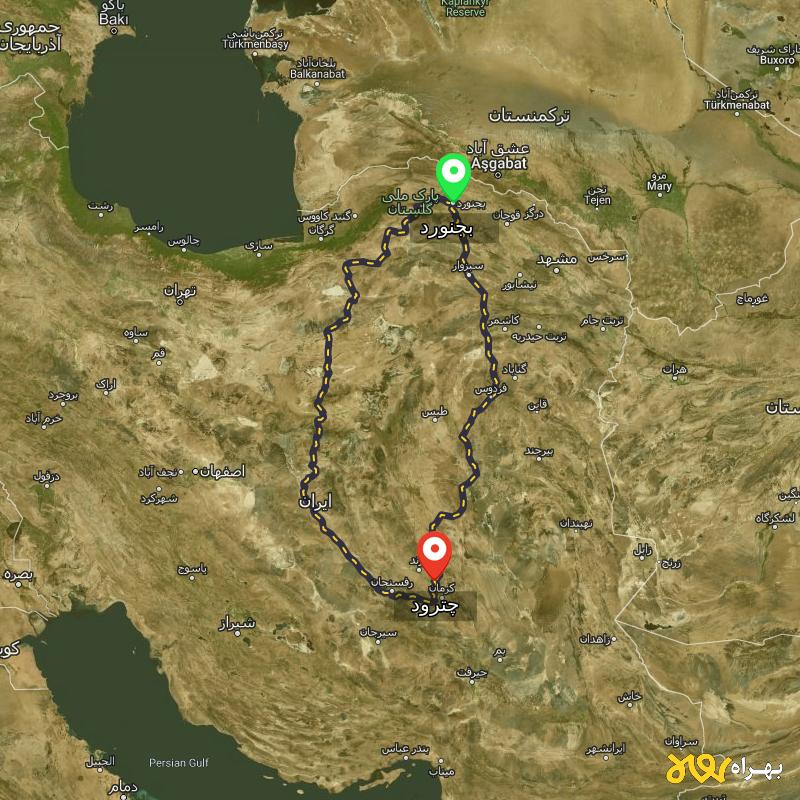 مسافت و فاصله چترود - کرمان تا بجنورد از ۲ مسیر - مرداد ۱۴۰۳
