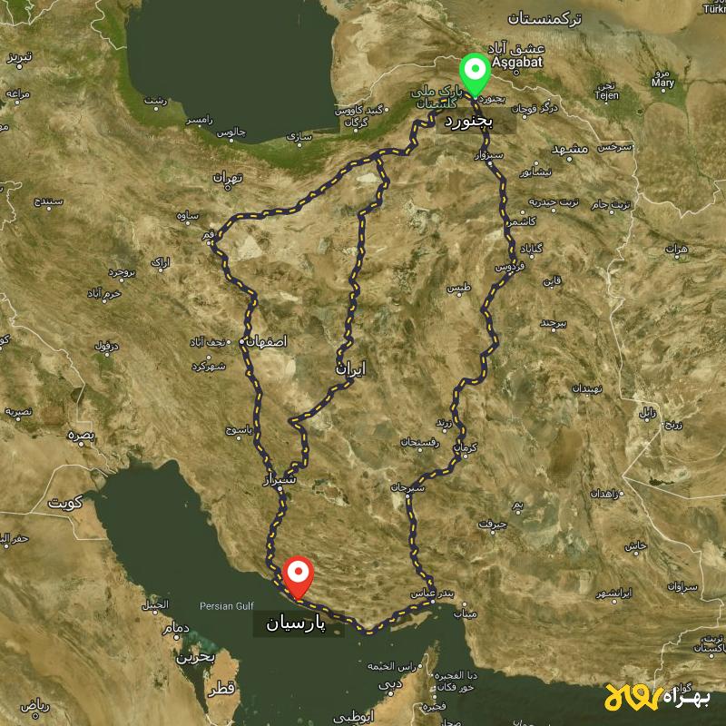 مسافت و فاصله پارسیان - هرمزگان تا بجنورد از ۳ مسیر - آبان ۱۴۰۳
