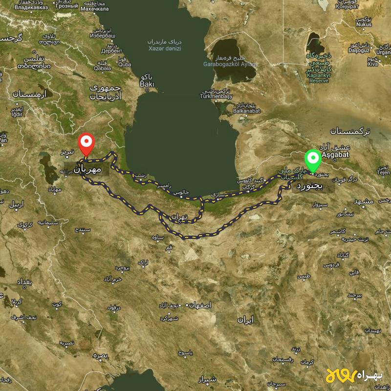 مسافت و فاصله مهربان - آذربایجان شرقی تا بجنورد از ۳ مسیر - مهر ۱۴۰۳