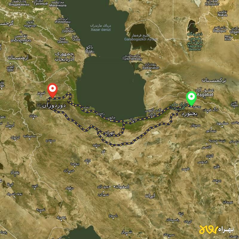 مسافت و فاصله دوزدوزان - آذربایجان شرقی تا بجنورد از ۳ مسیر - شهریور ۱۴۰۳