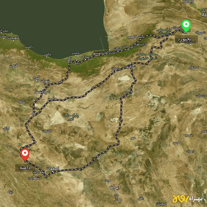 مسافت و فاصله دامنه - اصفهان تا بجنورد از ۳ مسیر - بهمن ۱۴۰۳