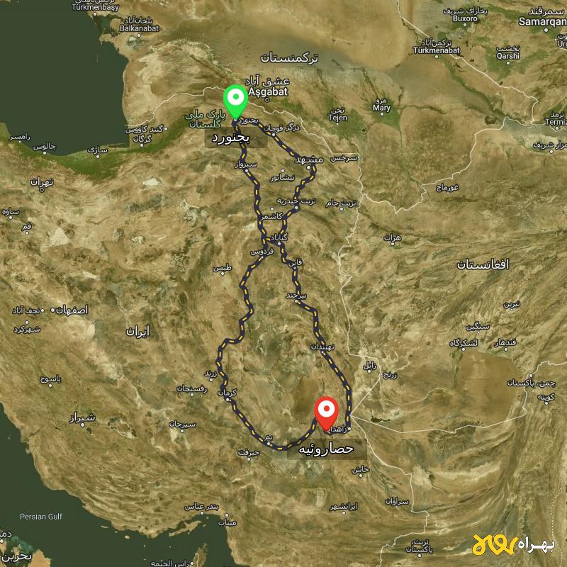مسافت و فاصله حصاروئیه - سیستان و بلوچستان تا بجنورد از ۳ مسیر - مرداد ۱۴۰۳