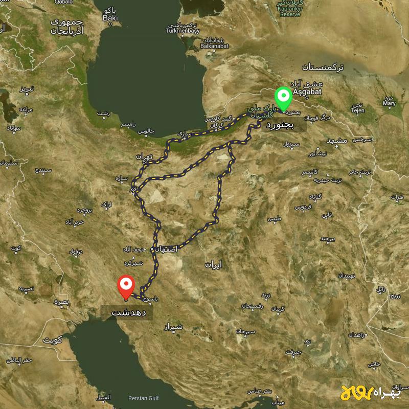 مسافت و فاصله دهدشت - کهگیلویه و بویر احمد تا بجنورد از ۳ مسیر - مرداد ۱۴۰۳