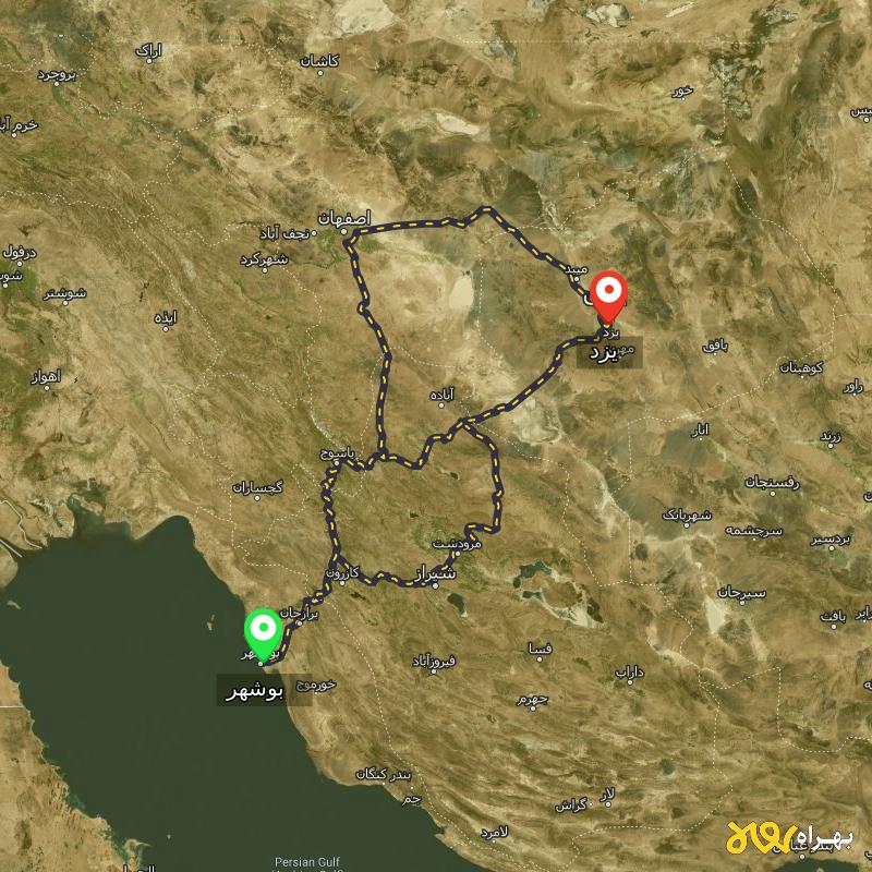 مسافت و فاصله یزد تا بوشهر از ۳ مسیر - مرداد ۱۴۰۳