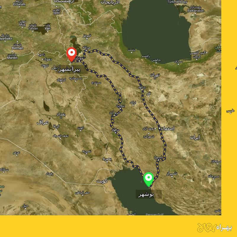 مسافت و فاصله پیرانشهر - آذربایجان غربی تا بوشهر از ۲ مسیر - اردیبهشت ۱۴۰۳