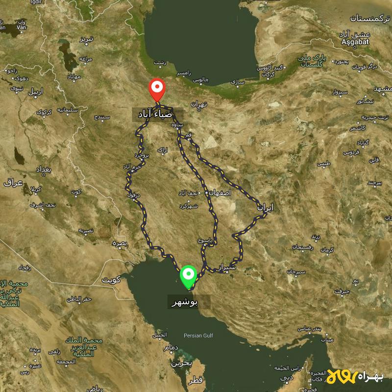 مسافت و فاصله ضیاء آباد - قزوین تا بوشهر از ۳ مسیر - مرداد ۱۴۰۳