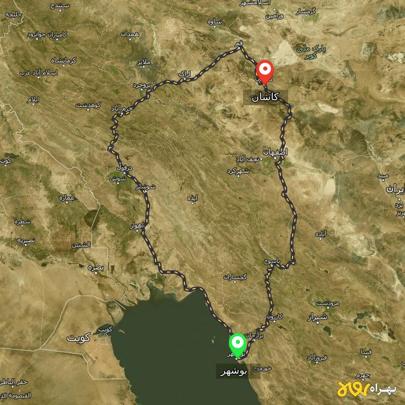 مسافت و فاصله کاشان تا بوشهر از ۲ مسیر - اردیبهشت ۱۴۰۳