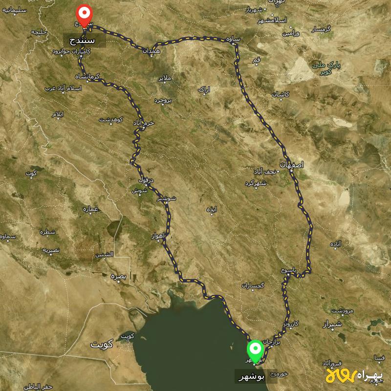 مسافت و فاصله سنندج تا بوشهر از ۲ مسیر - اردیبهشت ۱۴۰۳