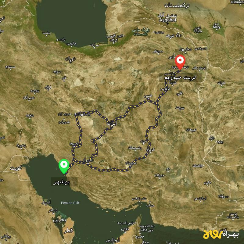 مسافت و فاصله تربت حیدریه - خراسان رضوی تا بوشهر از ۳ مسیر - آذر ۱۴۰۳