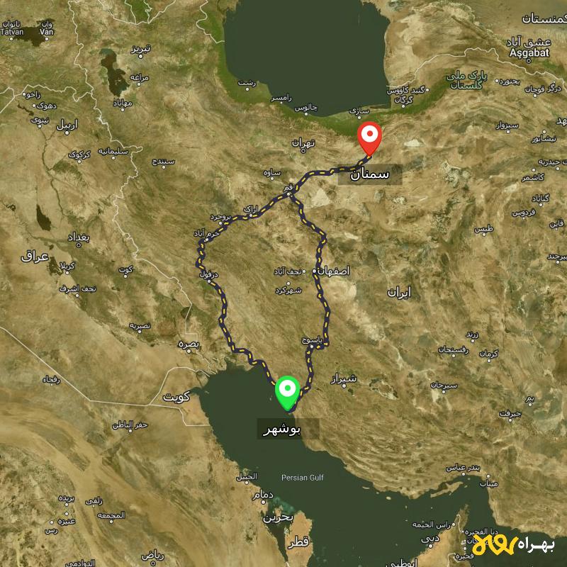 مسافت و فاصله سمنان تا بوشهر از ۲ مسیر - اردیبهشت ۱۴۰۳