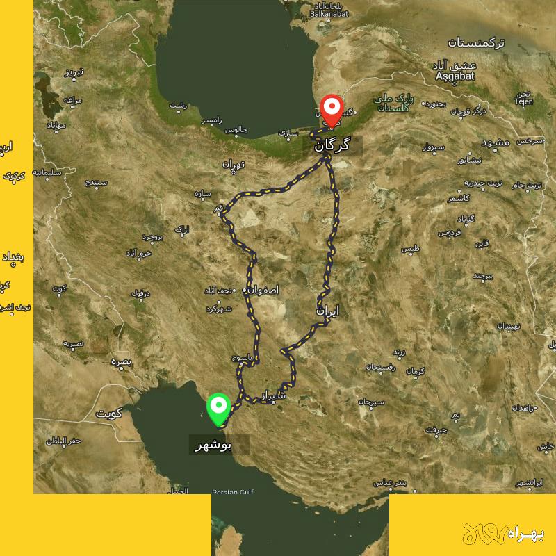 مسافت و فاصله گرگان تا بوشهر از ۲ مسیر - اردیبهشت ۱۴۰۳