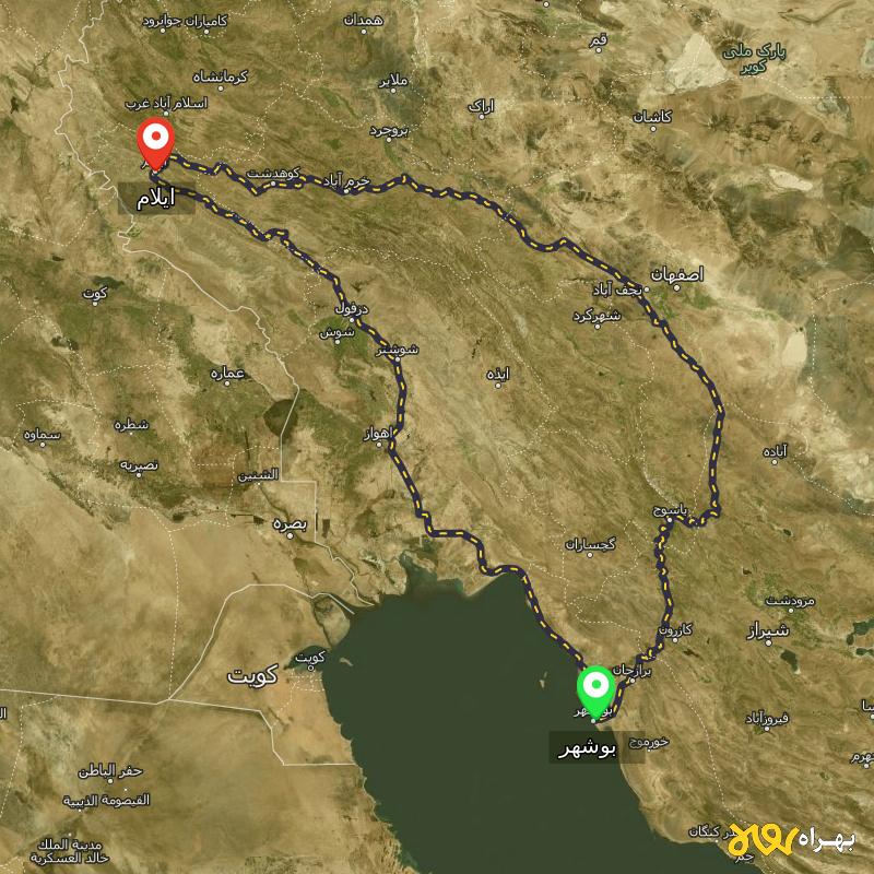 مسافت و فاصله ایلام تا بوشهر از 2 مسیر - مسیریاب بهراه
