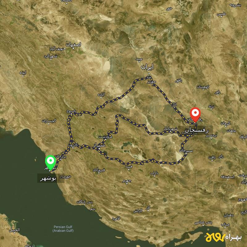 مسافت و فاصله رفسنجان تا بوشهر از 3 مسیر - مسیریاب بهراه