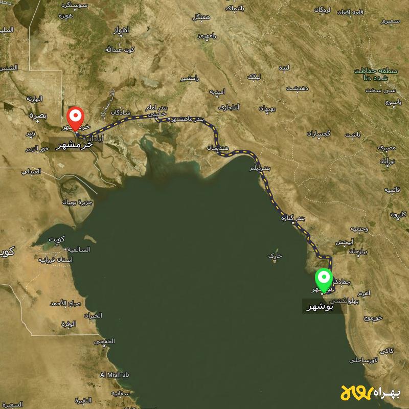 مسافت و فاصله خرمشهر - خوزستان تا بوشهر - اردیبهشت ۱۴۰۳