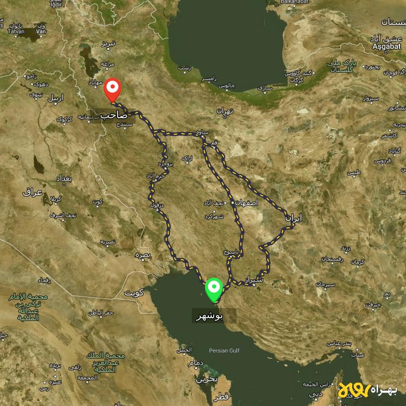 مسافت و فاصله صاحب - کردستان تا بوشهر از ۳ مسیر - مرداد ۱۴۰۳