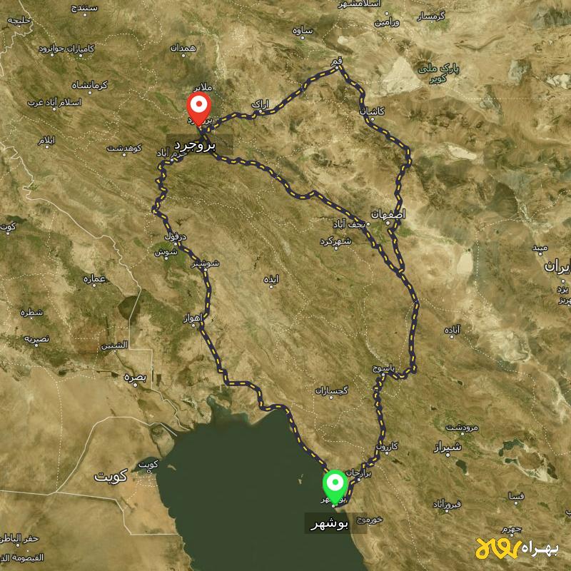 مسافت و فاصله بروجرد تا بوشهر از ۳ مسیر - مرداد ۱۴۰۳