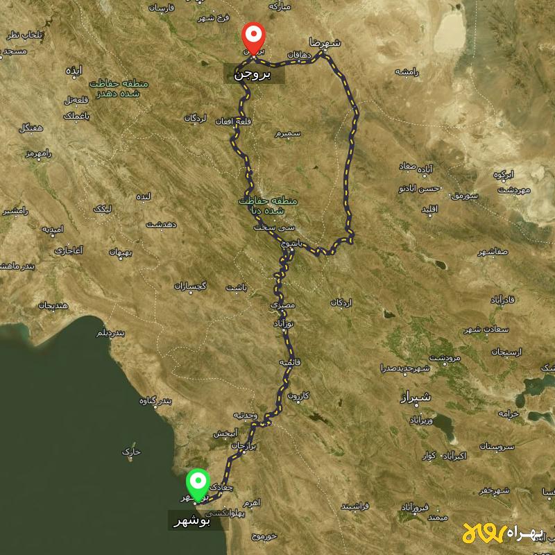 مسافت و فاصله بروجن - چهارمحال و بختیاری تا بوشهر از ۲ مسیر - اردیبهشت ۱۴۰۳