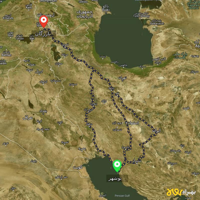 مسافت و فاصله بازرگان - آذربایجان غربی تا بوشهر از ۳ مسیر - اردیبهشت ۱۴۰۳