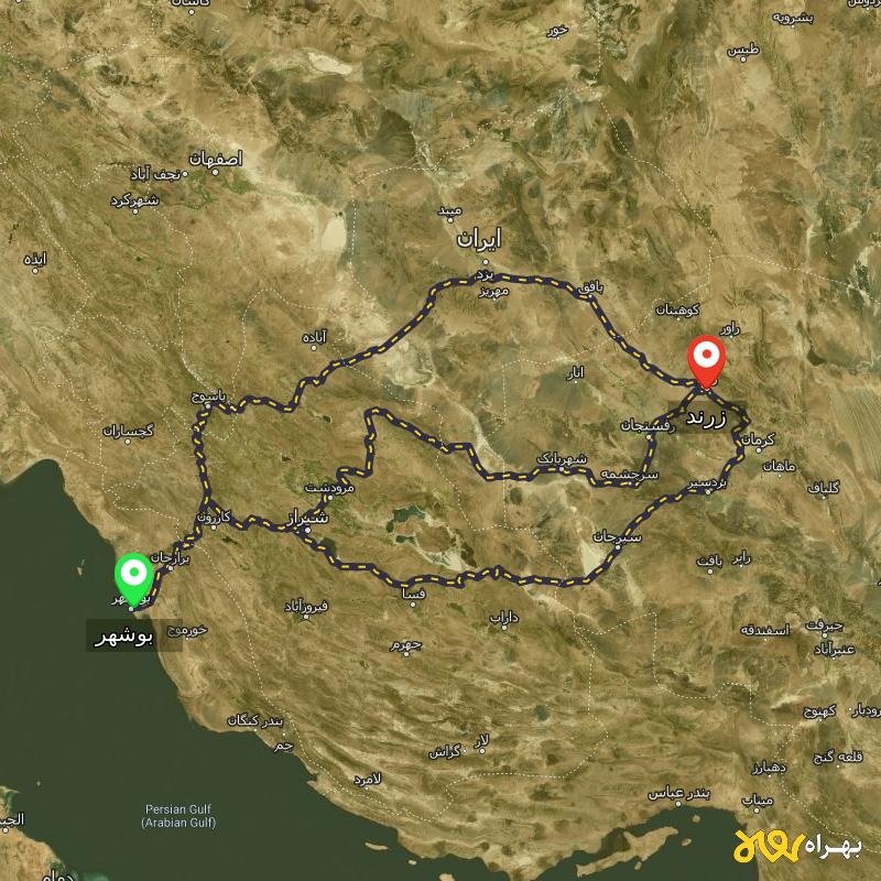 مسافت و فاصله زرند - کرمان تا بوشهر از ۳ مسیر - اردیبهشت ۱۴۰۳