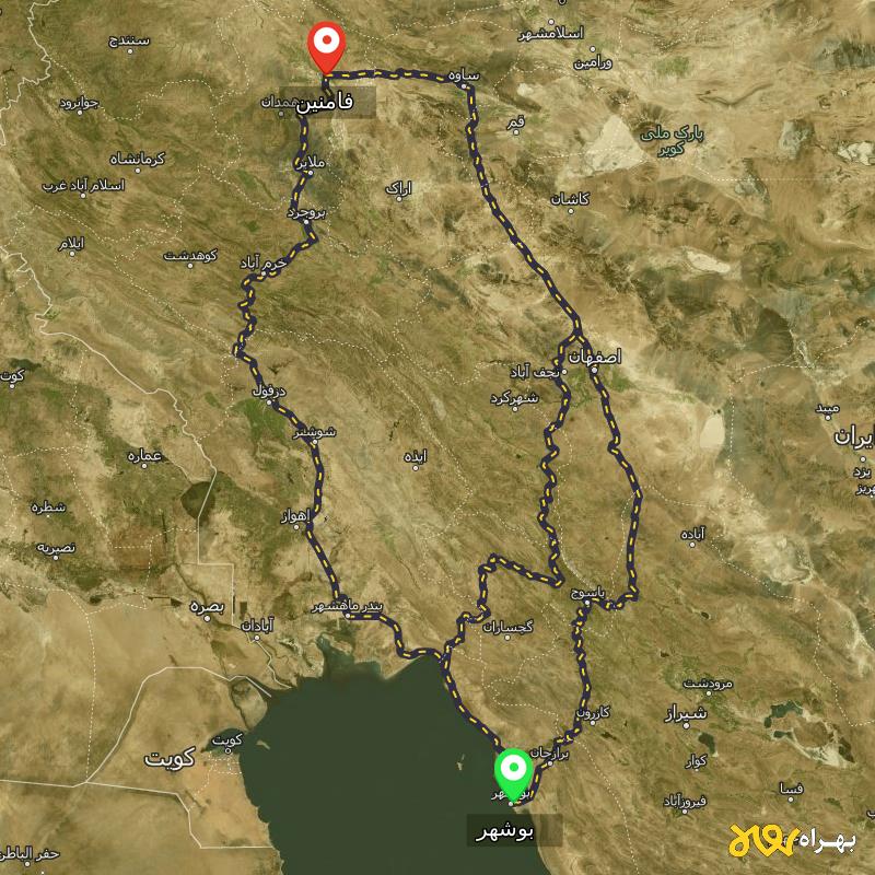 مسافت و فاصله فامنین - همدان تا بوشهر از ۳ مسیر - مرداد ۱۴۰۳