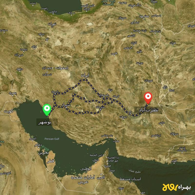 مسافت و فاصله نصرت‌آباد - سیستان و بلوچستان تا بوشهر از ۳ مسیر - آذر ۱۴۰۳