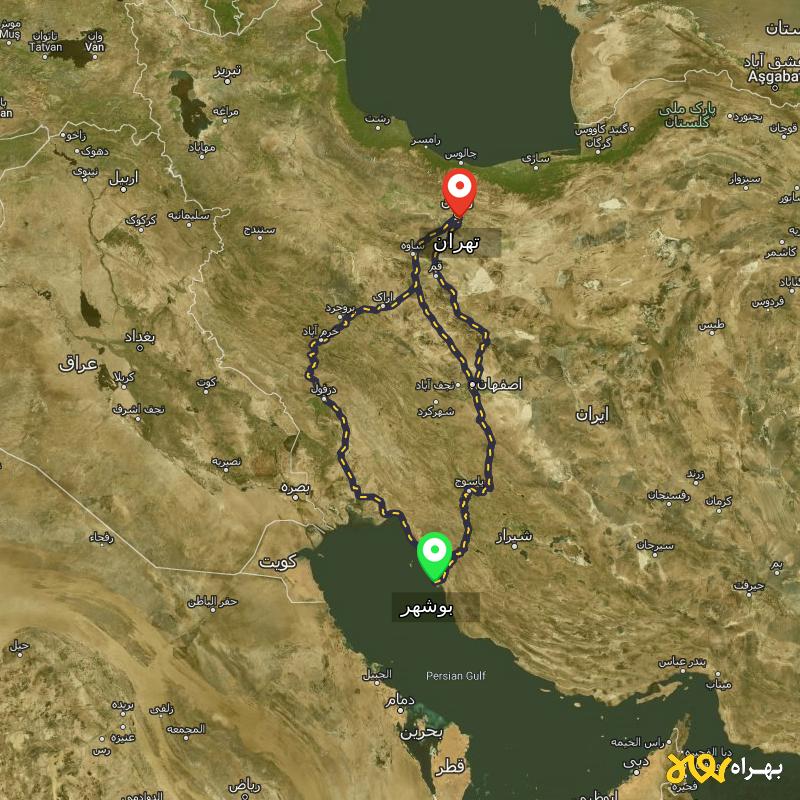 مسافت و فاصله تهران تا بوشهر از 3 مسیر - مسیریاب بهراه