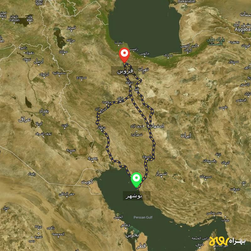 مسافت و فاصله قزوین تا بوشهر از ۳ مسیر - اردیبهشت ۱۴۰۳