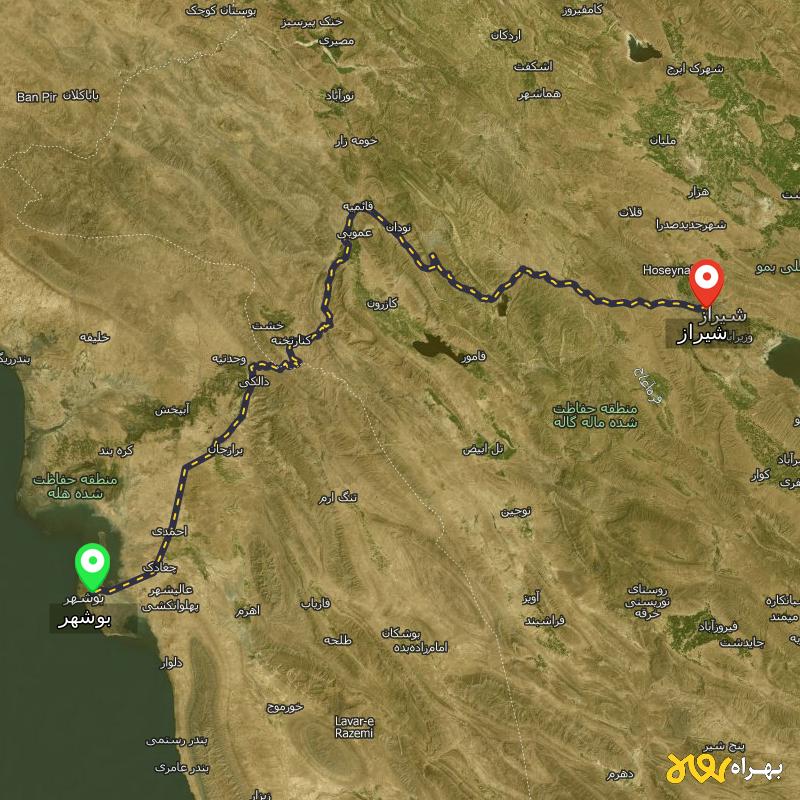 مسافت و فاصله شیراز تا بوشهر - مسیریاب بهراه